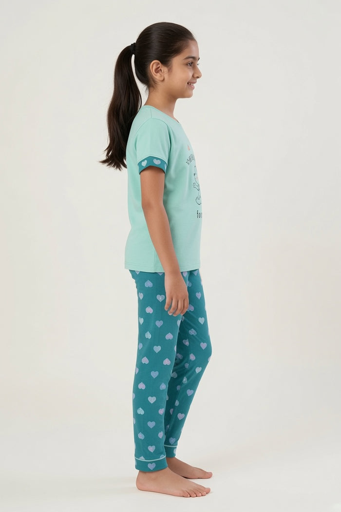 Girls Friendship Forever Bear Printed T-Shirt & Heart Printed Trouser Set