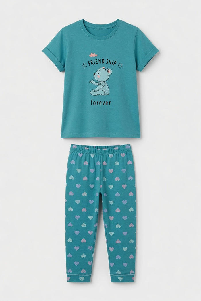 Girls Friendship Forever Bear Printed T-Shirt & Heart Printed Trouser Set