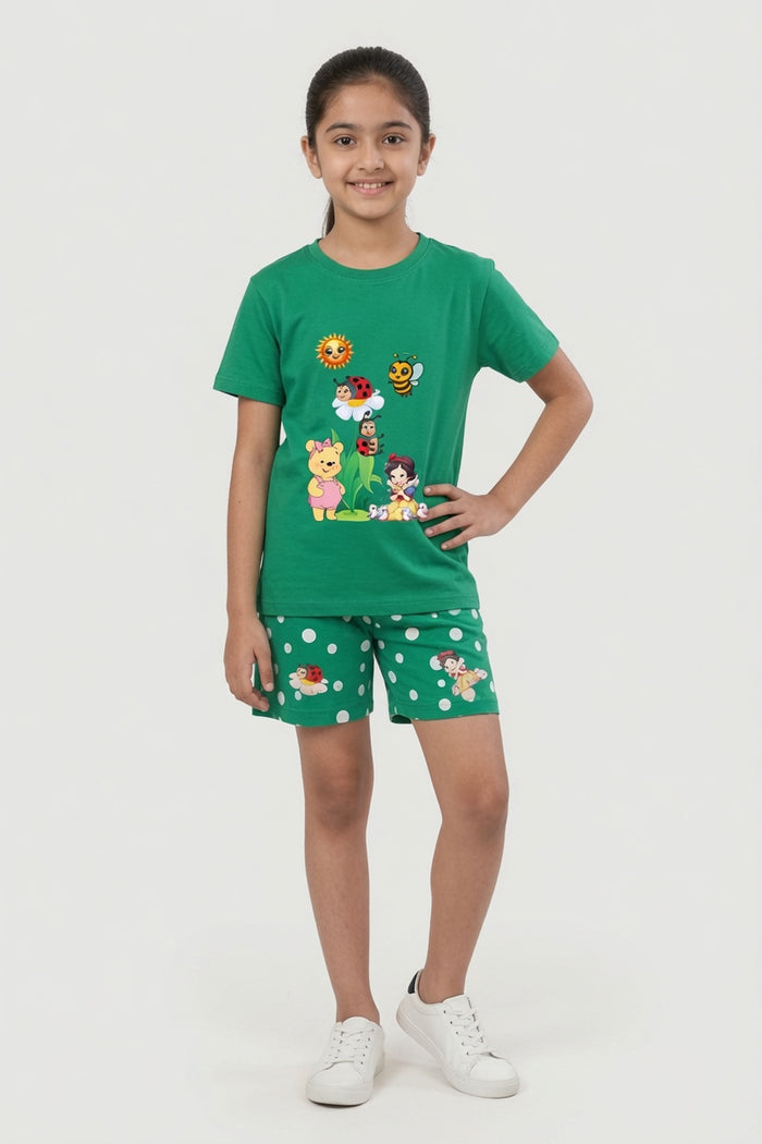 Girls Green Cartoon Printed T-Shirt & Green Polka Dot Shorts Set