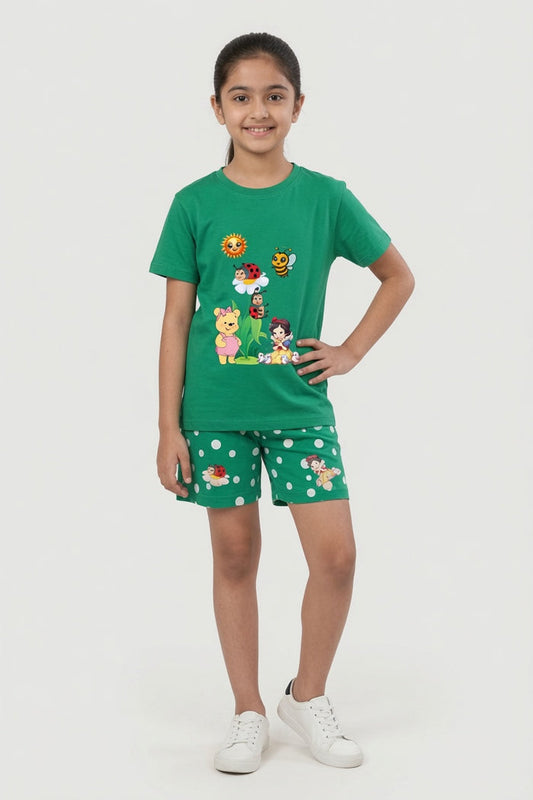 Girls Green Cartoon Printed T-Shirt & Green Polka Dot Shorts Set