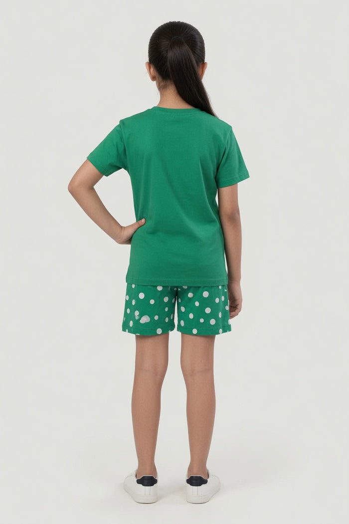 Girls Green Cartoon Printed T-Shirt & Green Polka Dot Shorts Set