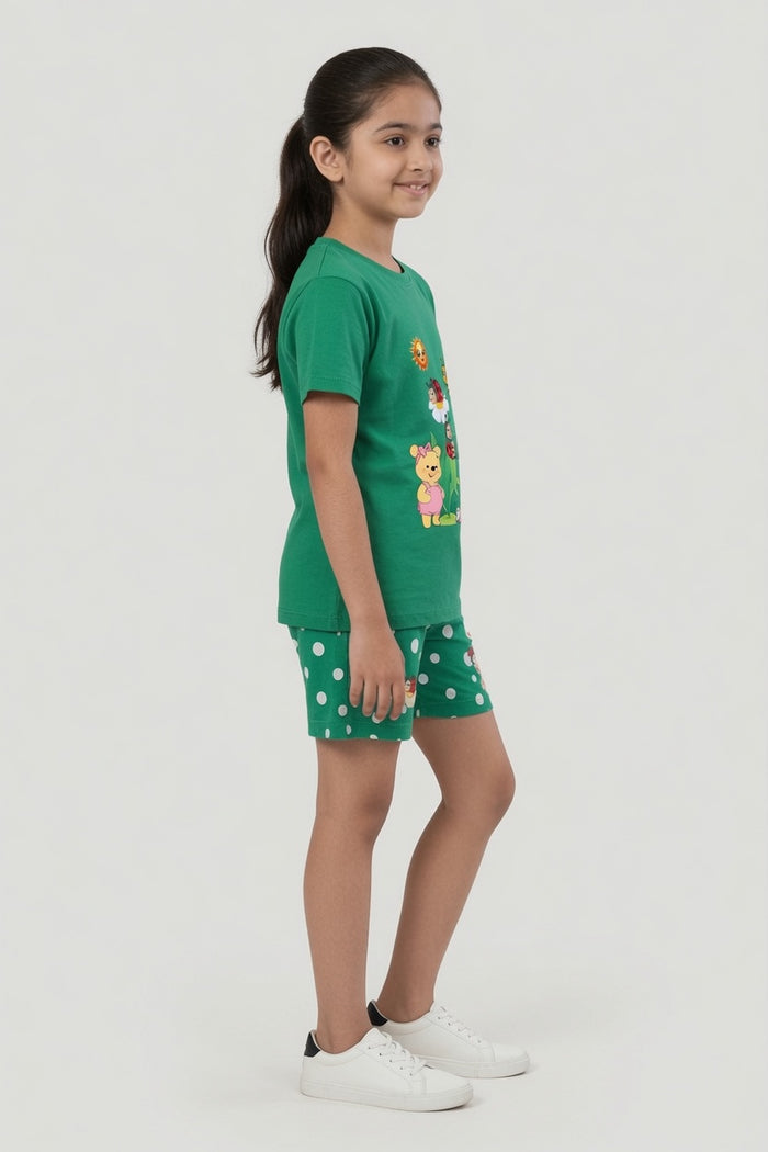 Girls Green Cartoon Printed T-Shirt & Green Polka Dot Shorts Set