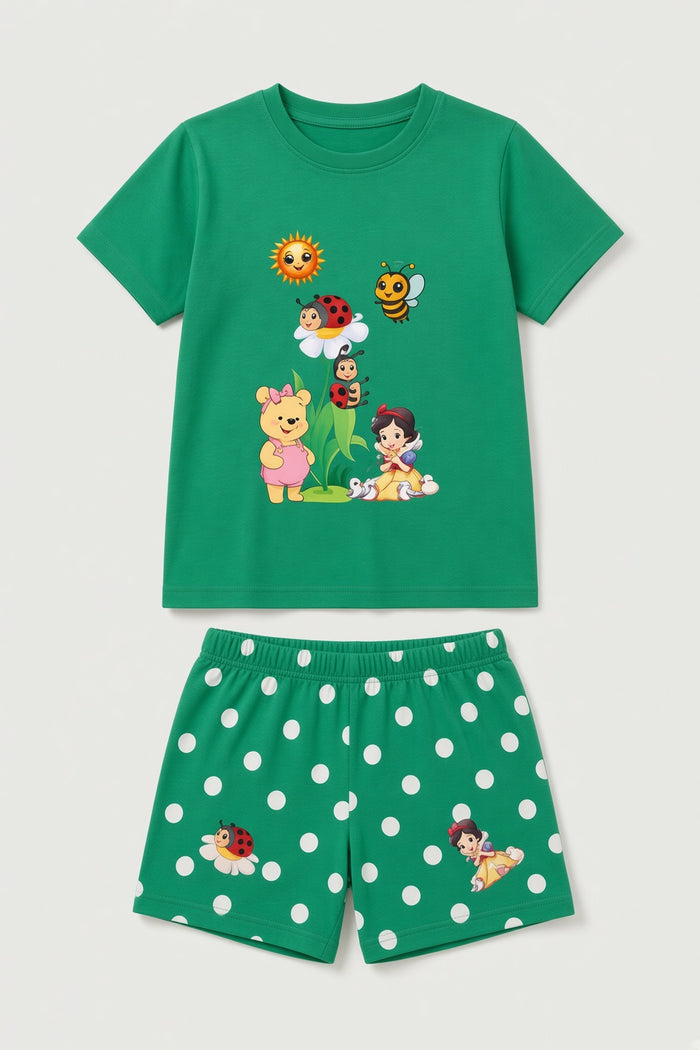 Girls Green Cartoon Printed T-Shirt & Green Polka Dot Shorts Set