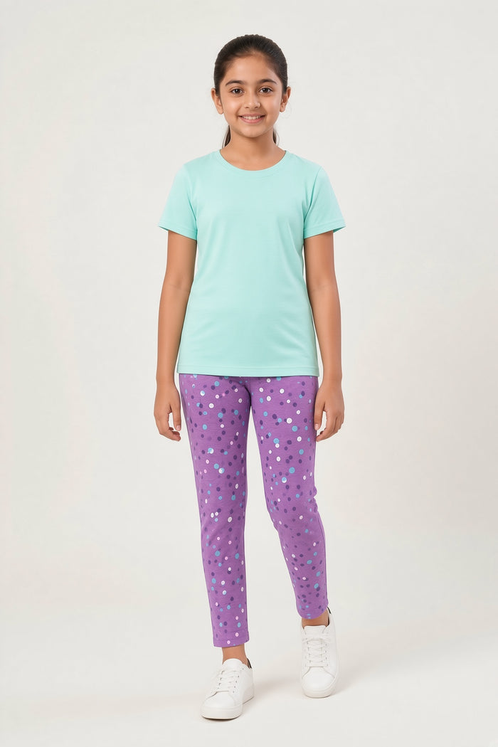 Girls’ Mint Green T-Shirt & Purple Heart Printed Trouser Set