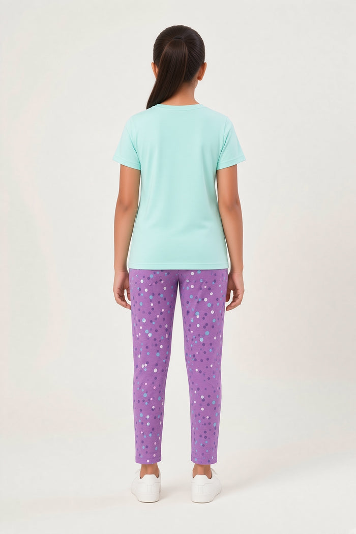Girls’ Mint Green T-Shirt & Purple Heart Printed Trouser Set - Hinz Clothing