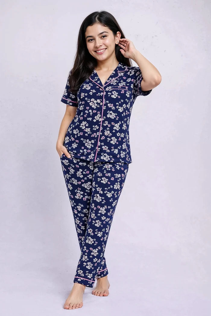 Girls Navy Blue Floral Button loungeWear / Night Suit - Hinz Clothing