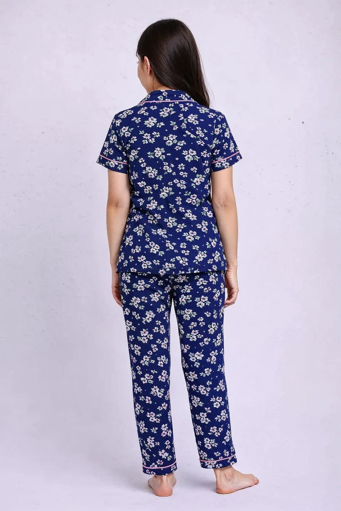 Girls Navy Blue Floral Button loungeWear / Night Suit - Hinz Clothing