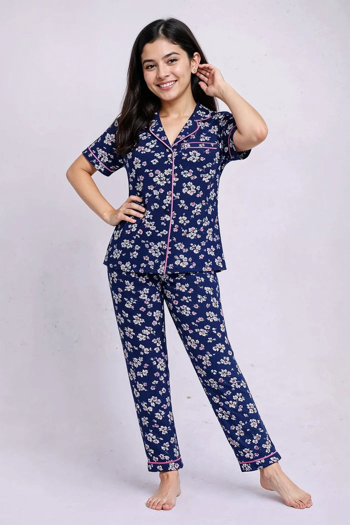 Girls Navy Blue Floral Button loungeWear / Night Suit - Hinz Clothing