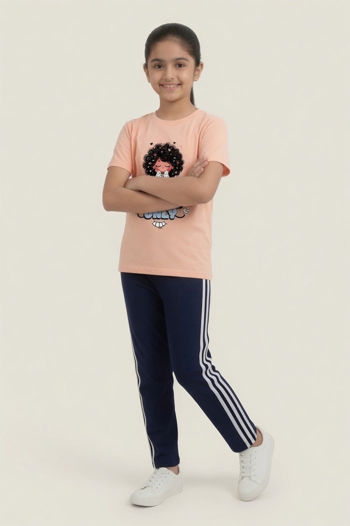 Girls Peach Good Vibes Printed  T-Shirt & Navy Blue Striped Trouser Set