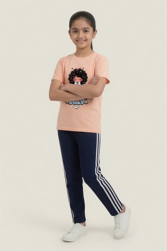 Girls Peach Good Vibes Printed  T-Shirt & Navy Blue Striped Trouser Set