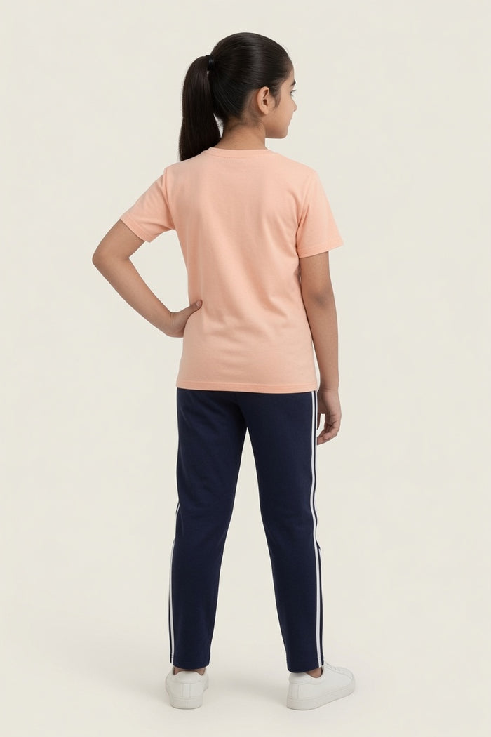 Girls Peach Good Vibes Printed  T-Shirt & Navy Blue Striped Trouser Set