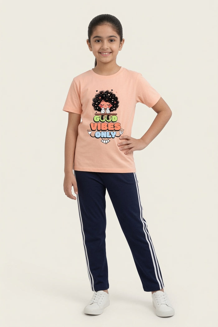Girls Peach Good Vibes Printed  T-Shirt & Navy Blue Striped Trouser Set