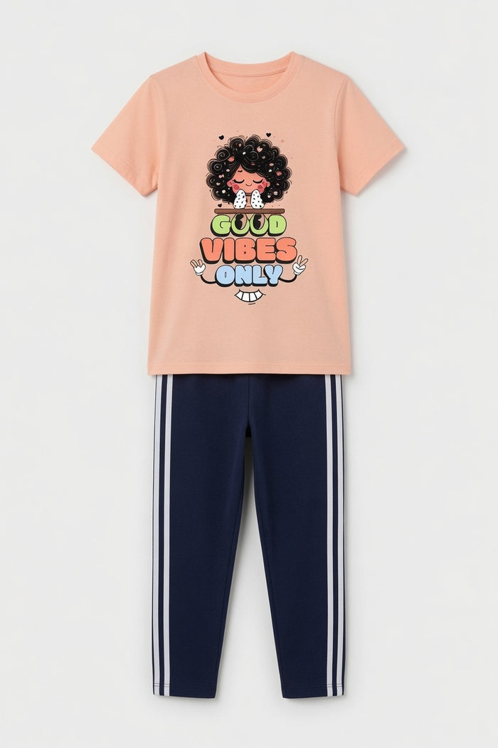 Girls Peach Good Vibes Printed  T-Shirt & Navy Blue Striped Trouser Set