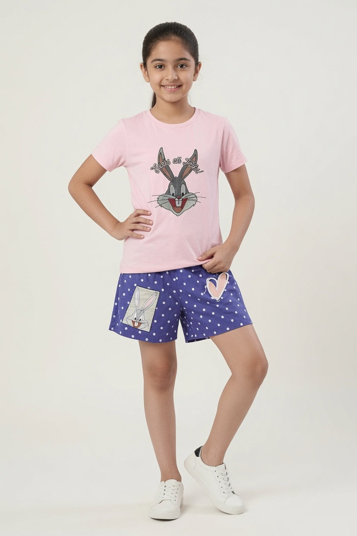 Girls Pink Bugs Bunny Printed T-Shirt & Purple Polka Dot Shorts Set