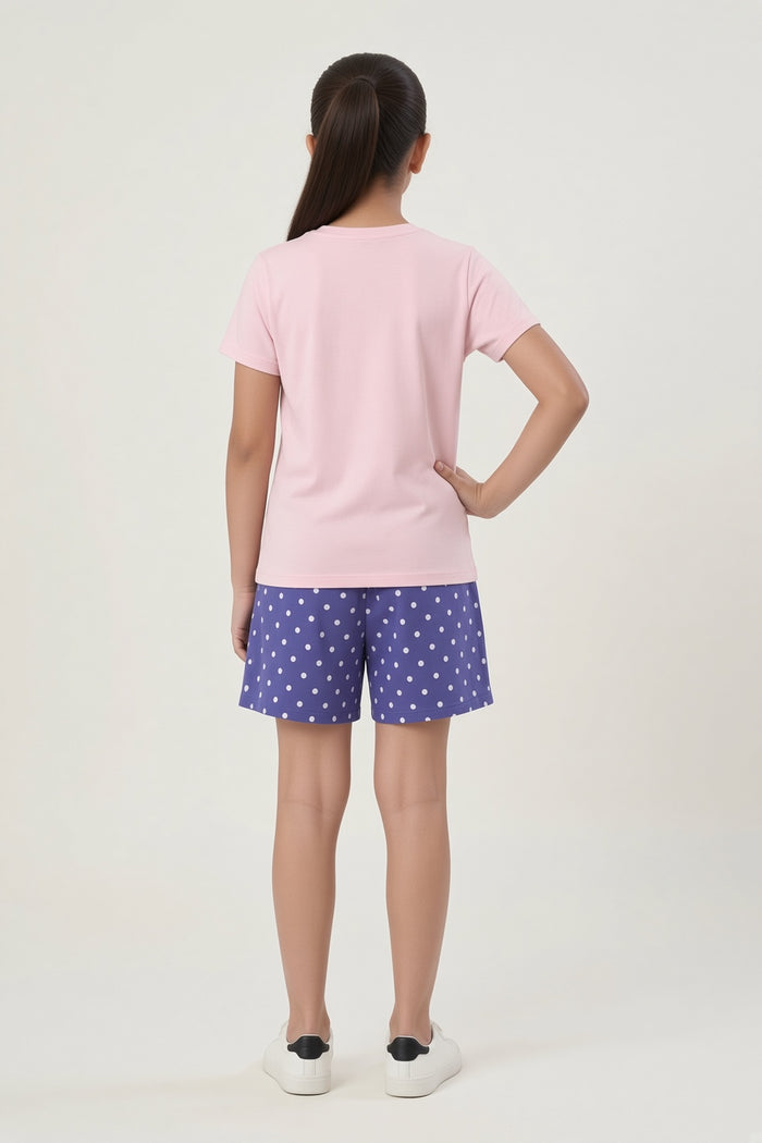 Girls Pink Bugs Bunny Printed T-Shirt & Purple Polka Dot Shorts Set