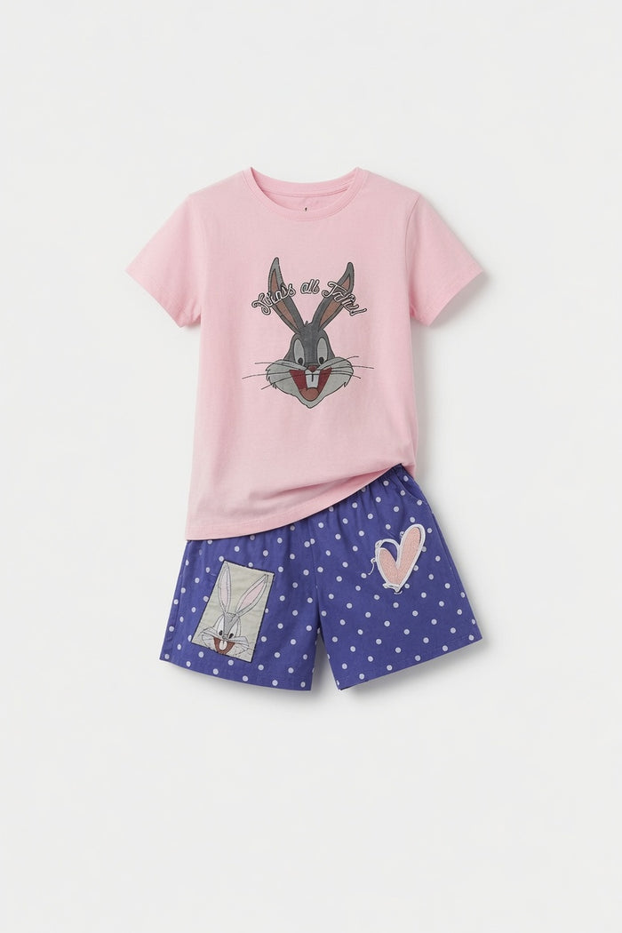 Girls Pink Bugs Bunny Printed T-Shirt & Purple Polka Dot Shorts Set