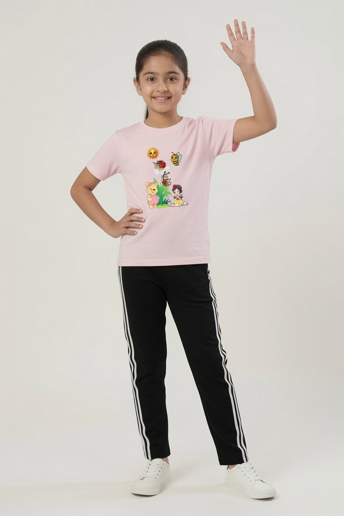 Girls Pink Cartoon Printed T-Shirt & Black Striped Trouser Set