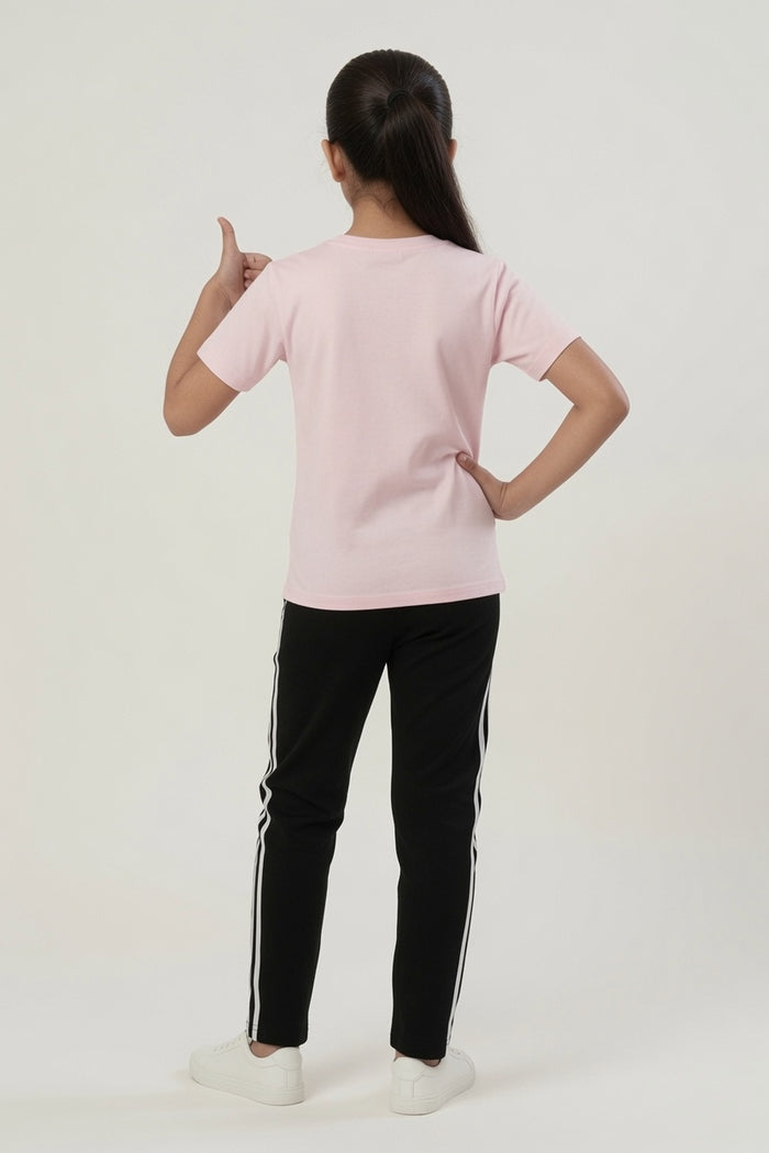 Girls Pink Cartoon Printed T-Shirt & Black Striped Trouser Set