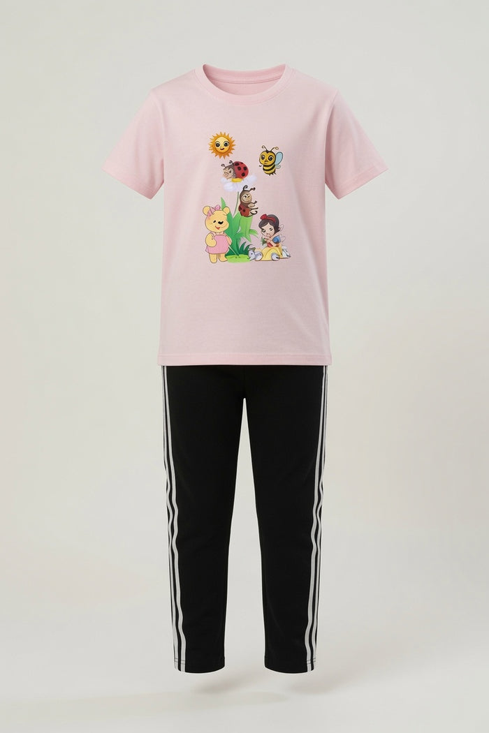 Girls Pink Cartoon Printed T-Shirt & Black Striped Trouser Set