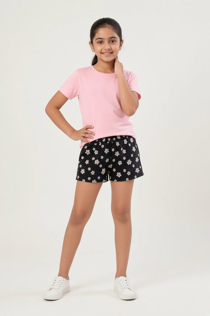 Girls Pink T-Shirt & Black Floral Printed Shorts Set