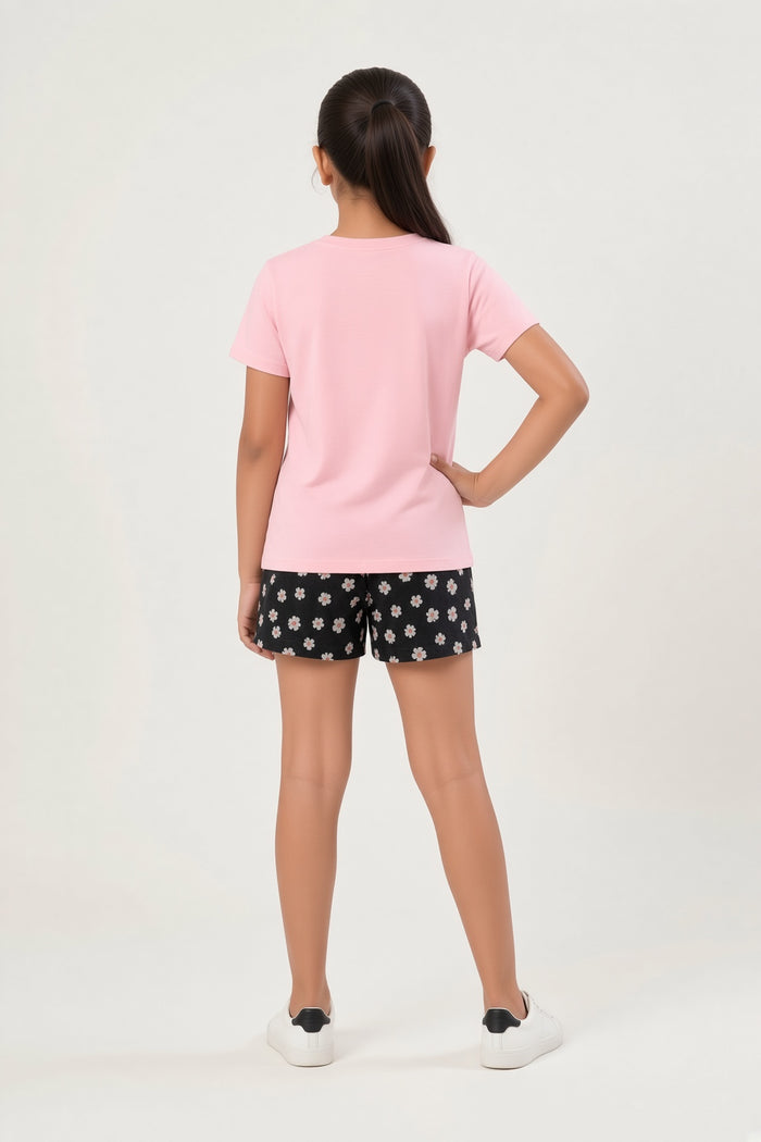 Girls Pink T-Shirt & Black Floral Printed Shorts Set - Hinz Clothing