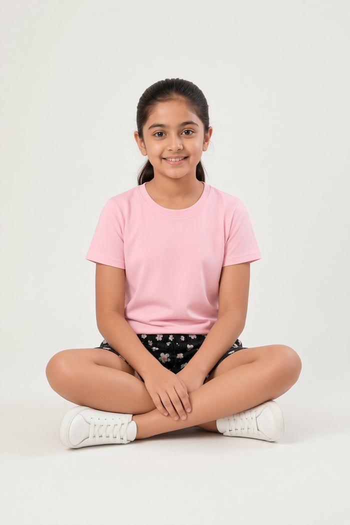 Girls Pink T-Shirt & Black Floral Printed Shorts Set - Hinz Clothing