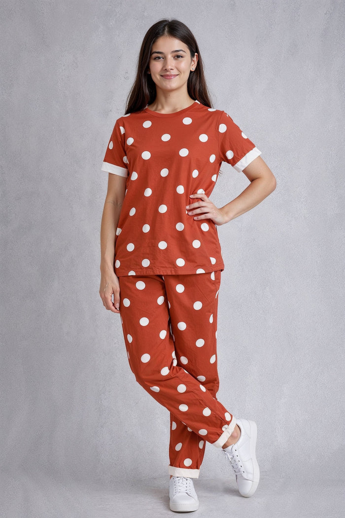 Girls Polka Dot Cotton Lounge Wear Set – Rust & White - Hinz Clothing