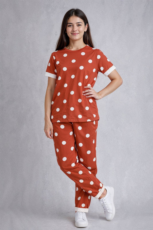 Girls Polka Dot Cotton Lounge Wear Set – Rust & White - Hinz Clothing