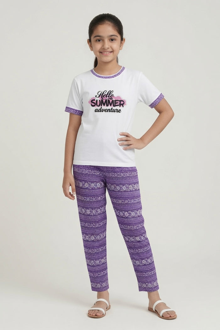 Girls Premium White Hello Summer Adventure Printed T-Shirt & Purple Printed Trouser Set