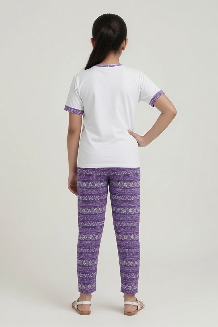 Girls Premium White Hello Summer Adventure Printed T-Shirt & Purple Printed Trouser Set