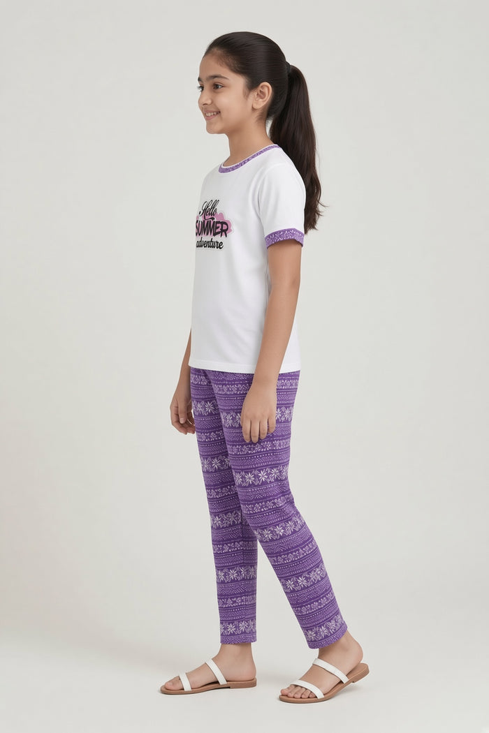 Girls Premium White Hello Summer Adventure Printed T-Shirt & Purple Printed Trouser Set