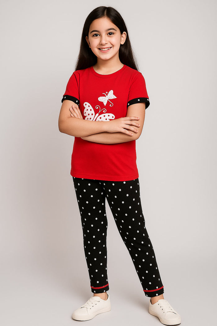 Girls Printed T-shirt and Trouser (Black Dotted  White Butterfly) - Hinz Clothing