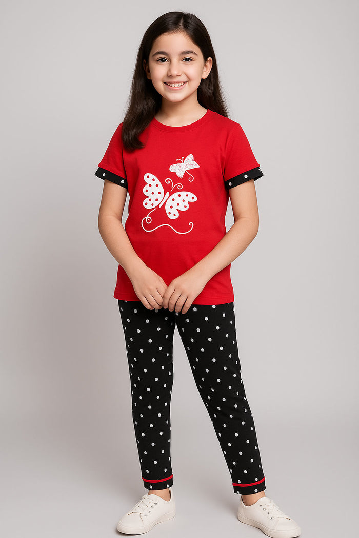 Girls Printed T-shirt and Trouser (Black Dotted  White Butterfly) - Hinz Clothing