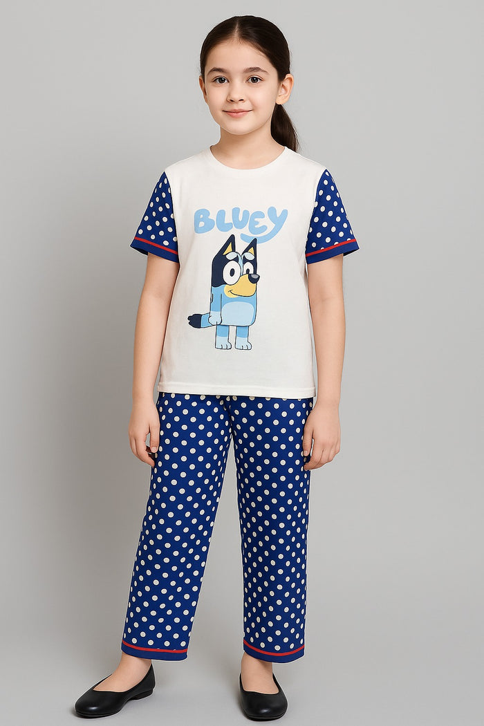Girls Printed T-shirt and Trouser (Blue White Dot CUTE BLUEY ) - Hinz Clothing