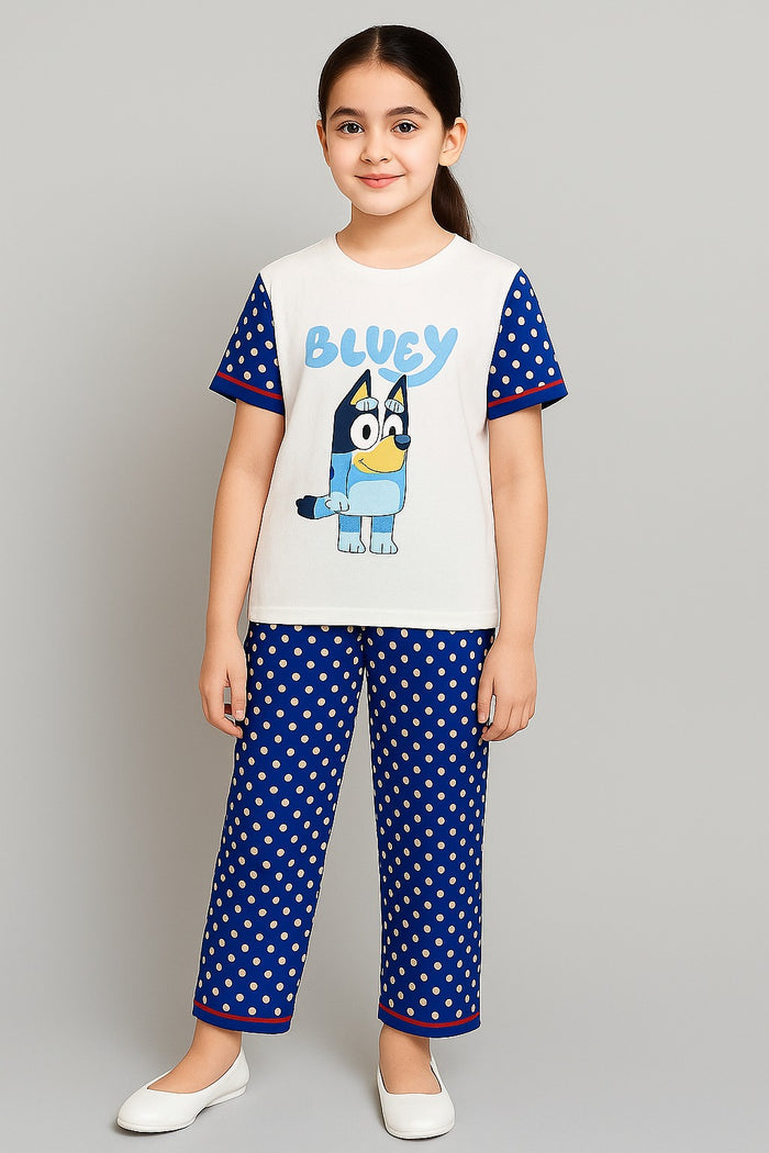 Girls Printed T-shirt and Trouser (Blue White Dot CUTE BLUEY ) - Hinz Clothing