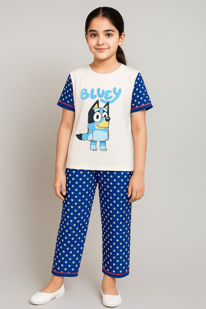 Girls Printed T-shirt and Trouser (Blue White Dot CUTE BLUEY ) - Hinz Clothing