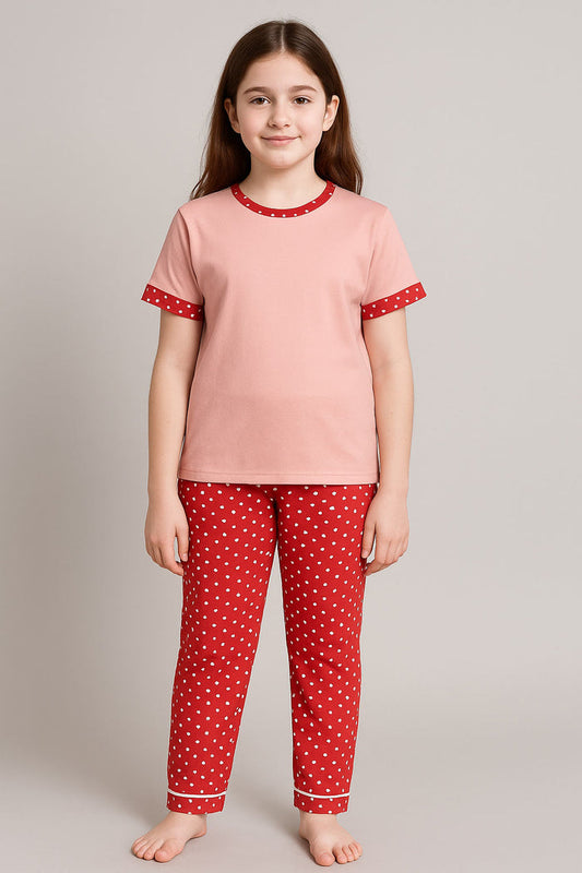Girls Printed T-shirt and Trouser (Red Multi Dot) - Hinz Clothing