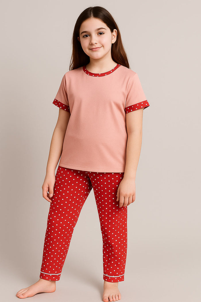 Girls Printed T-shirt and Trouser (Red Multi Dot) - Hinz Clothing