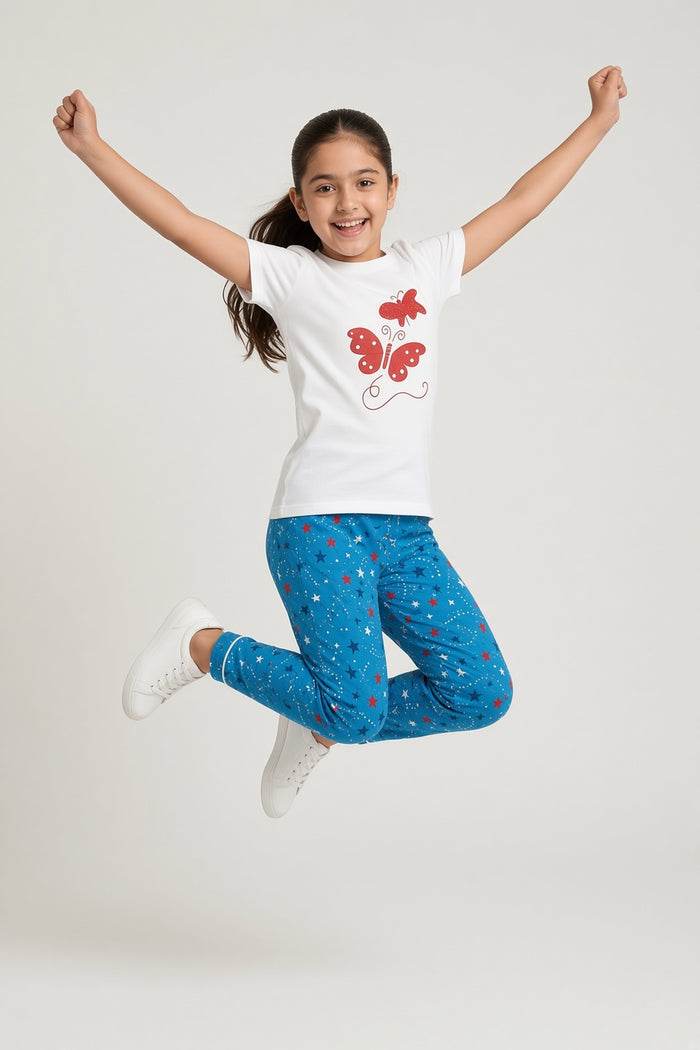 Girls Red Butterfly Printed T-Shirt & Blue Star Printed Trouser Set