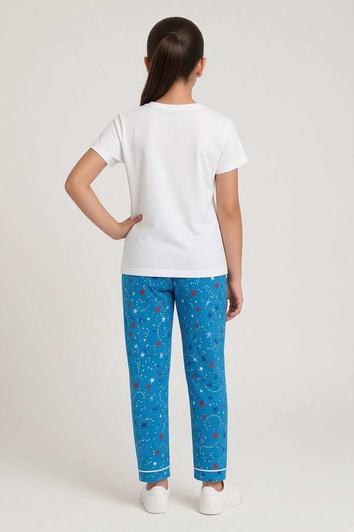 Girls Red Butterfly Printed T-Shirt & Blue Star Printed Trouser Set