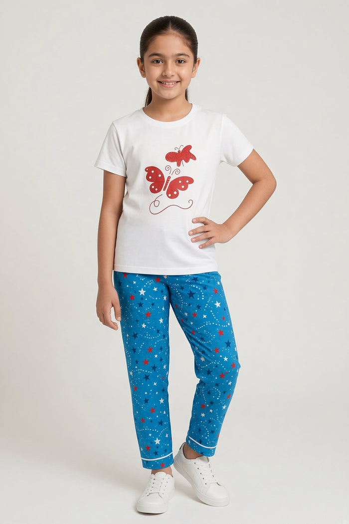 Girls Red Butterfly Printed T-Shirt & Blue Star Printed Trouser Set