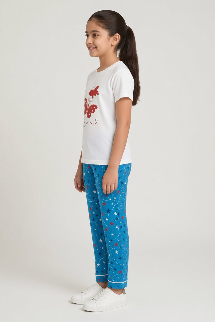 Girls Red Butterfly Printed T-Shirt & Blue Star Printed Trouser Set