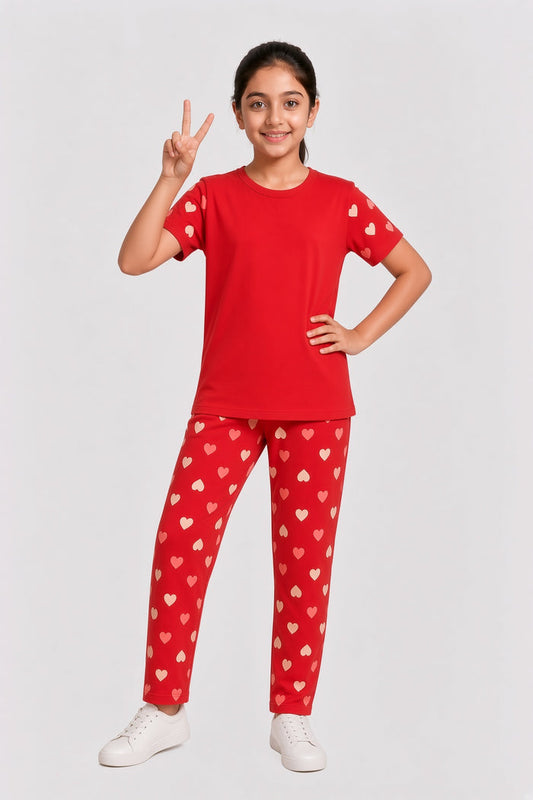 Girls Red Heart Printed T-Shirt & Trouser Set