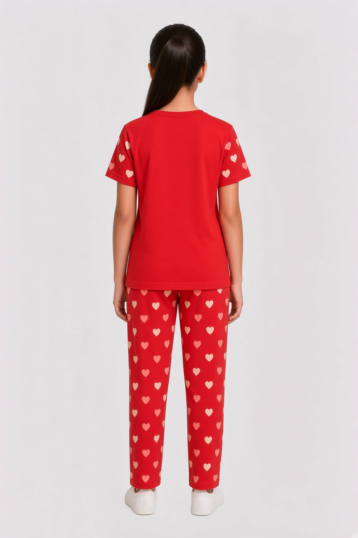 Girls Red Heart Printed T-Shirt & Trouser Set - Hinz Clothing