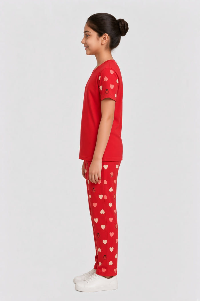 Girls Red Heart Printed T-Shirt & Trouser Set - Hinz Clothing