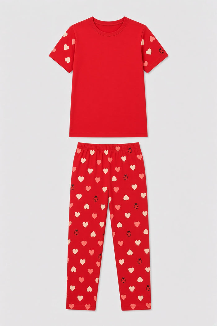 Girls Red Heart Printed T-Shirt & Trouser Set - Hinz Clothing