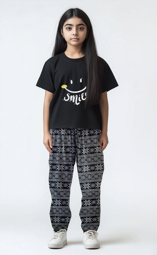 Girls T-shirt and Trouser (Black 🖤 white  printed SMILE) - Hinz Clothing