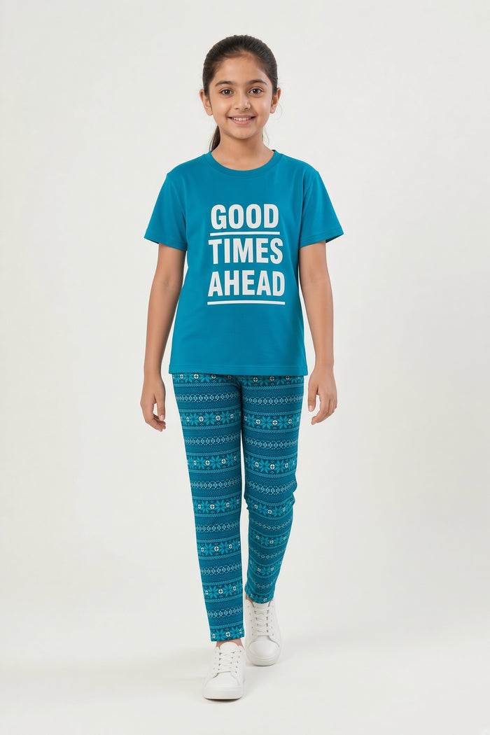 Girls’ Teal Blue T-Shirt & Printed Trouser Set (GTA)