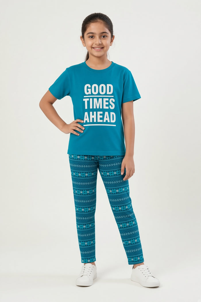 Girls’ Teal Blue T-Shirt & Printed Trouser Set (GTA) - Hinz Clothing