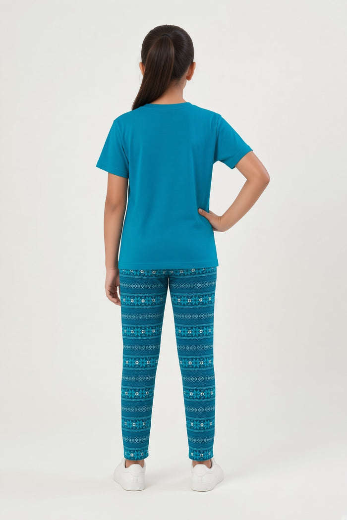 Girls’ Teal Blue T-Shirt & Printed Trouser Set (GTA) - Hinz Clothing